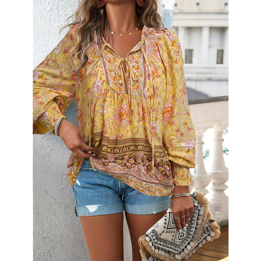 Floral Print Tie Neck Bohemian Blouse Apparel and Accessories