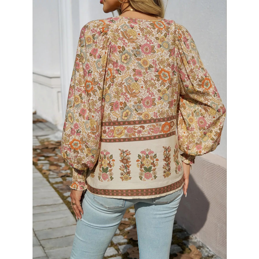 Floral Print Tie Neck Bohemian Blouse Apparel and Accessories