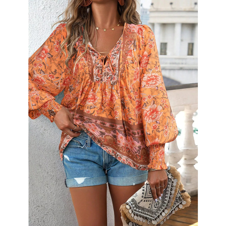 Floral Print Tie Neck Bohemian Blouse Apparel and Accessories