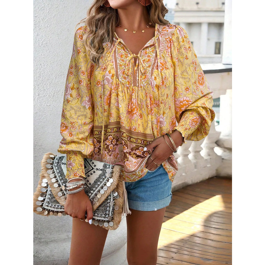 Floral Print Tie Neck Bohemian Blouse Apparel and Accessories