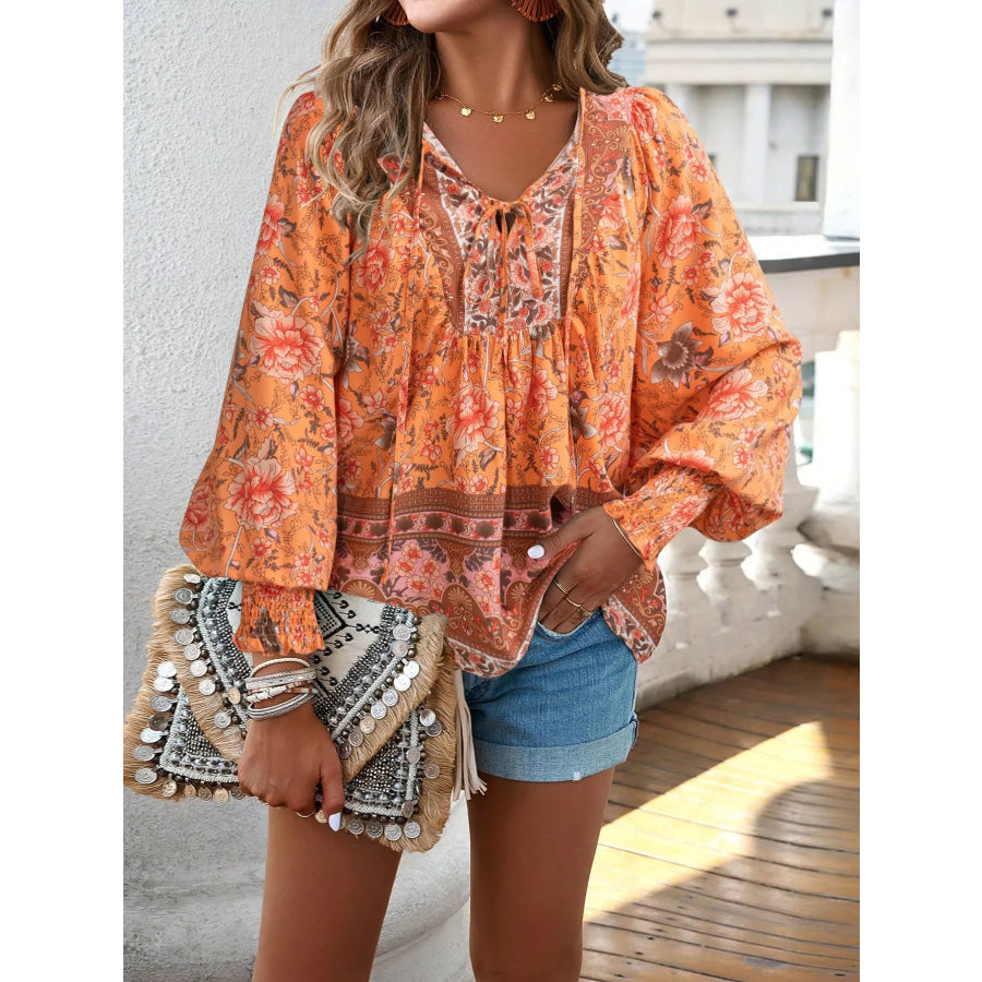 Floral Print Tie Neck Bohemian Blouse Apparel and Accessories