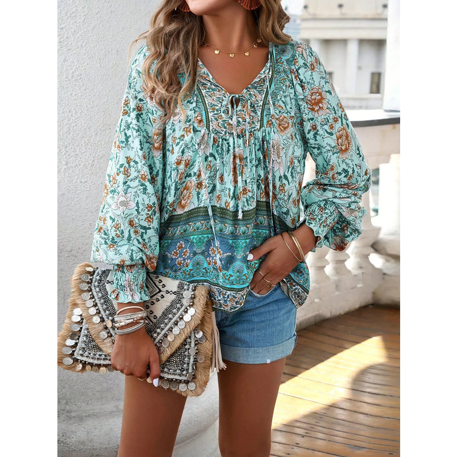 Floral Print Tie Neck Bohemian Blouse Apparel and Accessories