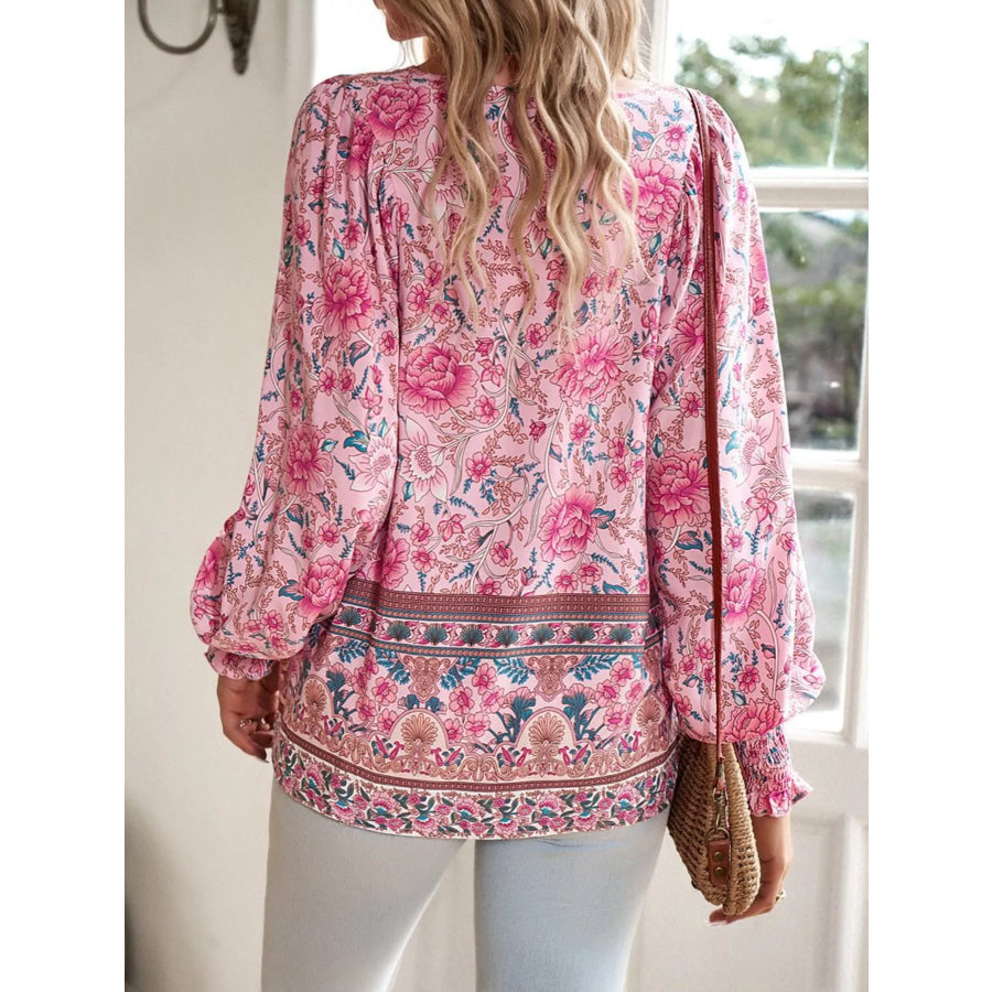 Floral Print Tie Neck Bohemian Blouse Apparel and Accessories