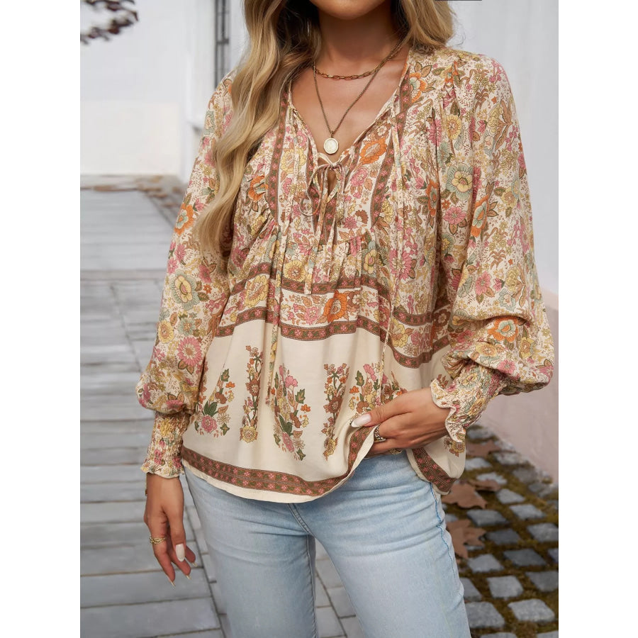 Floral Print Tie Neck Bohemian Blouse Apparel and Accessories