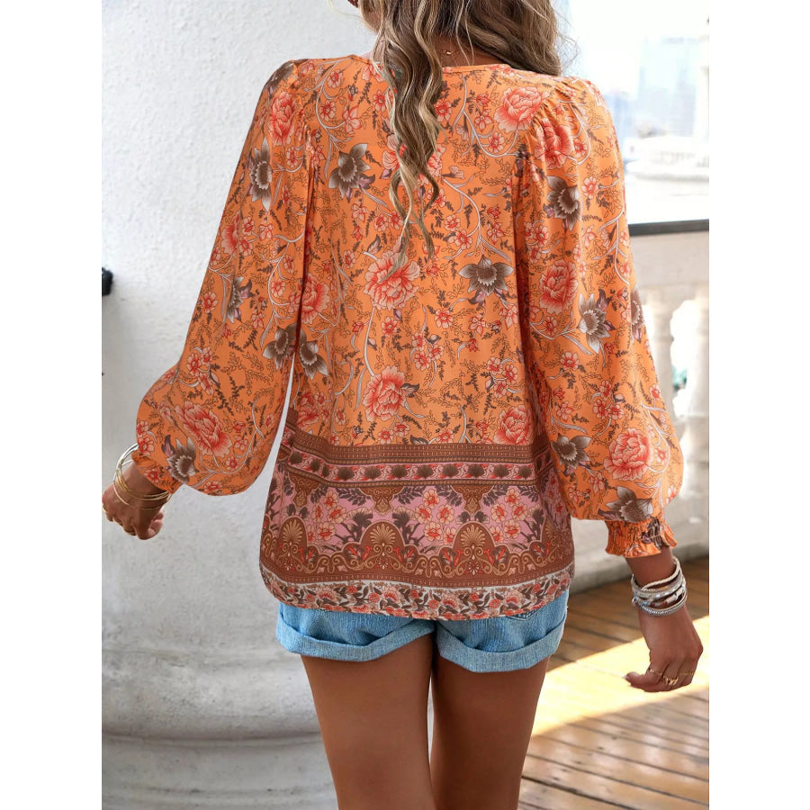 Floral Print Tie Neck Bohemian Blouse Apparel and Accessories