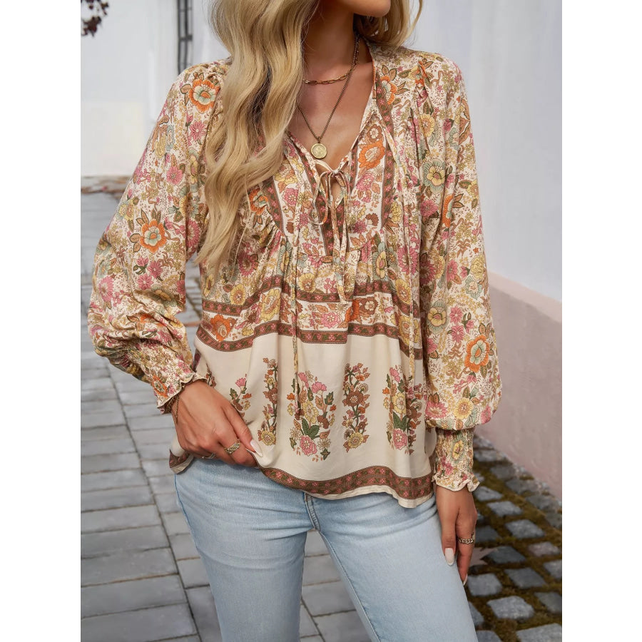 Floral Print Tie Neck Bohemian Blouse Apparel and Accessories