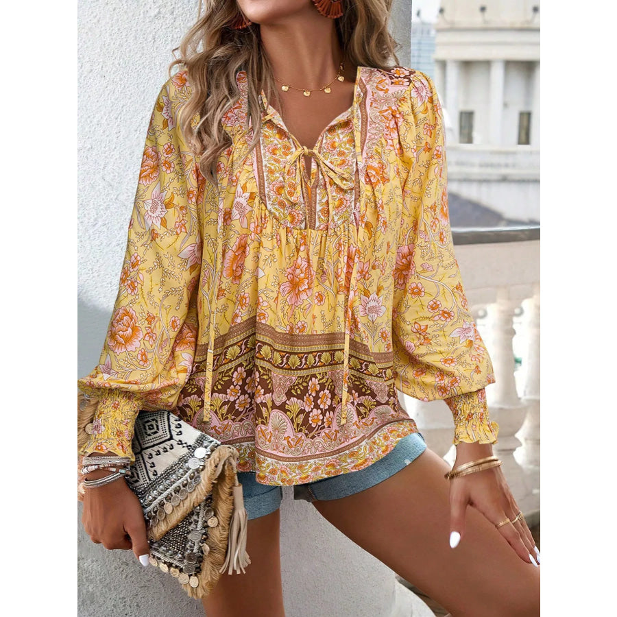 Floral Print Tie Neck Bohemian Blouse Apparel and Accessories