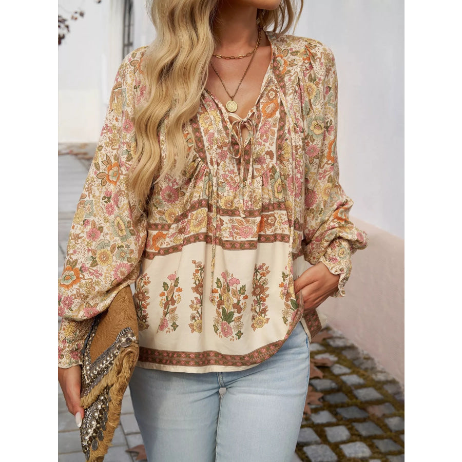 Floral Print Tie Neck Bohemian Blouse Beige / S Apparel and Accessories