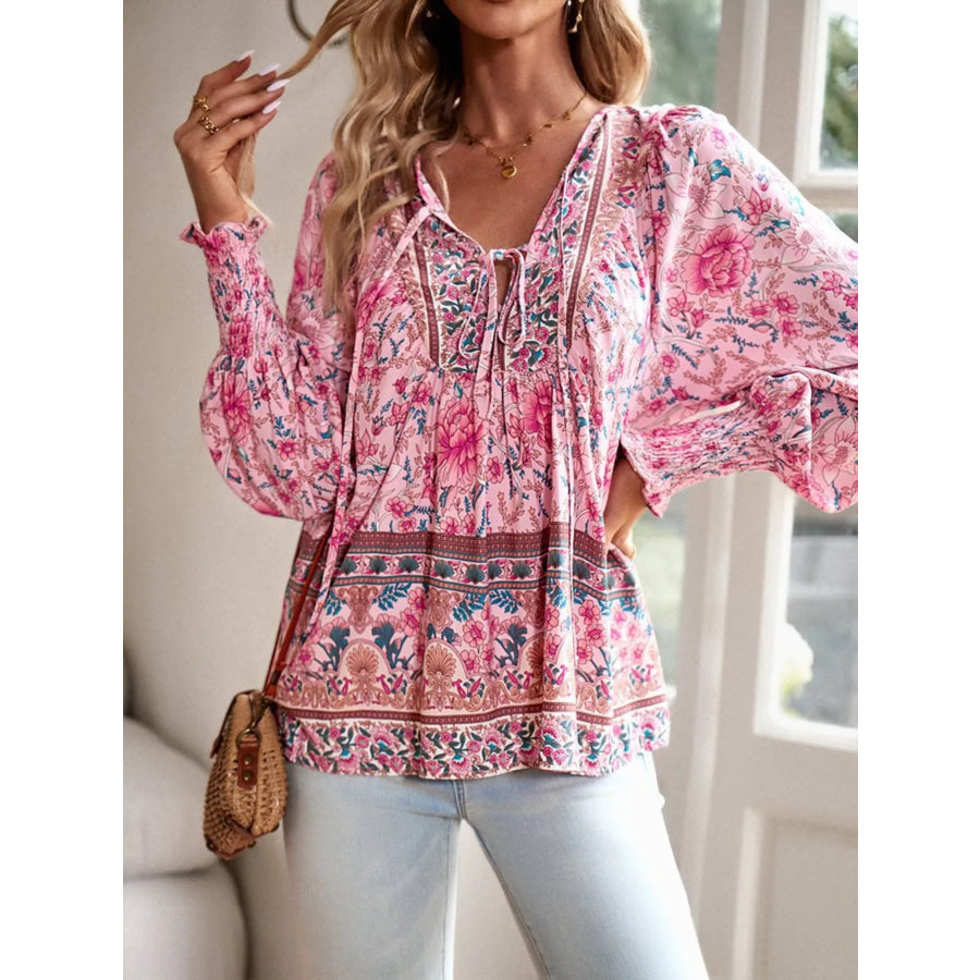 Floral Print Tie Neck Bohemian Blouse Dusty Pink / S Apparel and Accessories