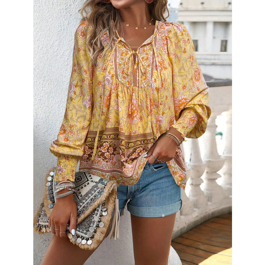 Floral Print Tie Neck Bohemian Blouse Mustard / S Apparel and Accessories