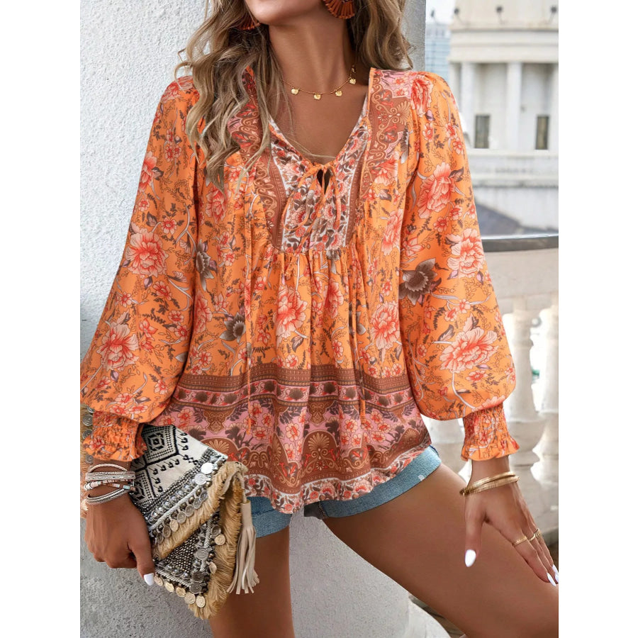 Floral Print Tie Neck Bohemian Blouse Sherbet / S Apparel and Accessories
