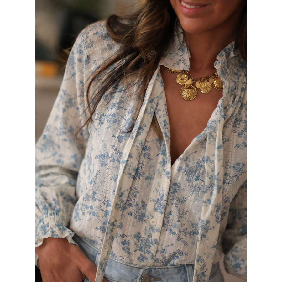 Floral Print Tie Neck Long Sleeve Blouse Apparel and Accessories