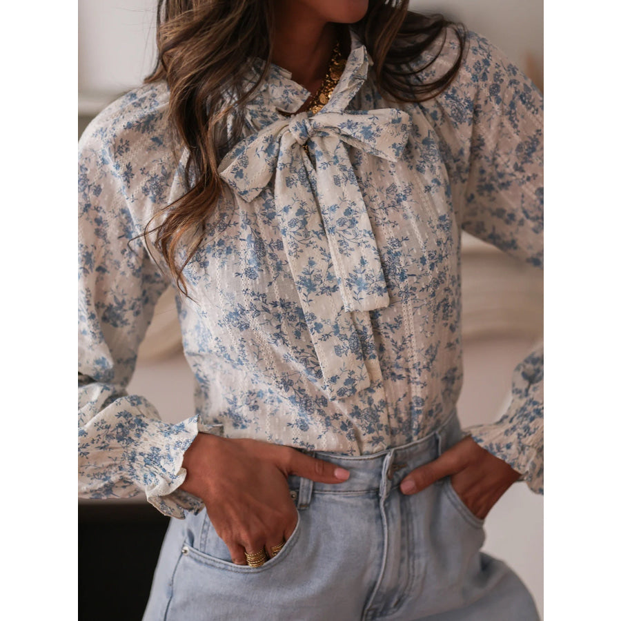 Floral Print Tie Neck Long Sleeve Blouse Apparel and Accessories