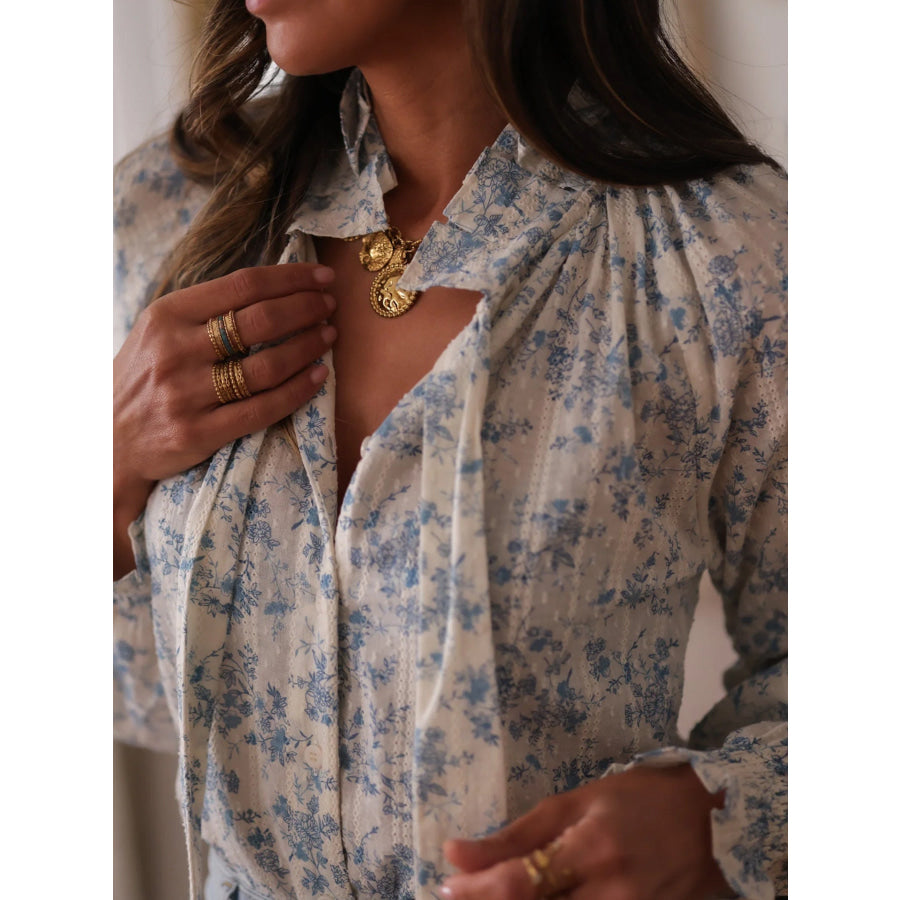 Floral Print Tie Neck Long Sleeve Blouse Apparel and Accessories