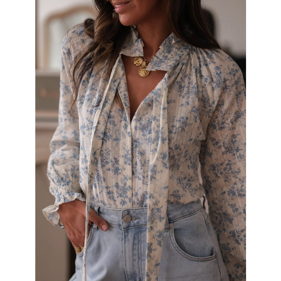 Floral Print Tie Neck Long Sleeve Blouse Light Blue / S Apparel and Accessories