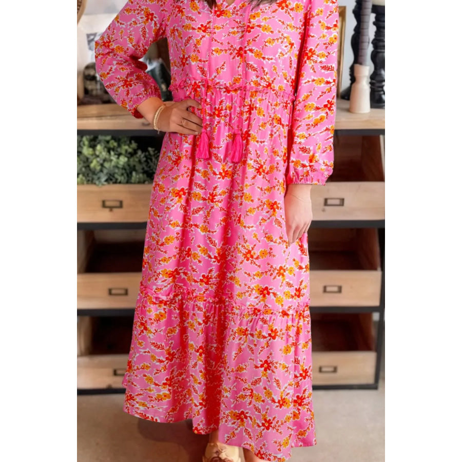 Floral Print Tie Neck Midi Dress Apparel and Accessories