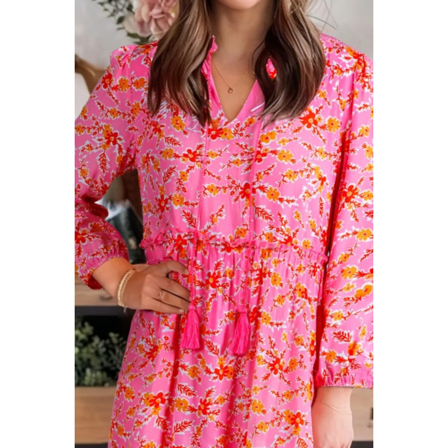 Floral Print Tie Neck Midi Dress Apparel and Accessories
