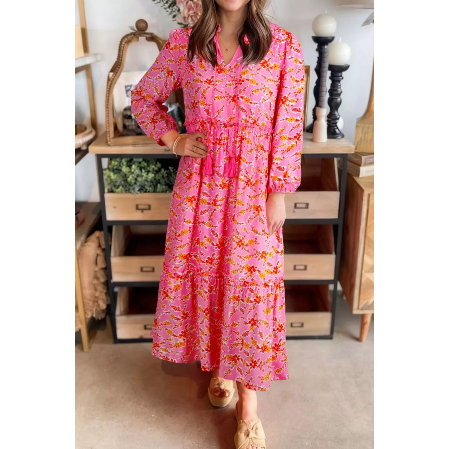 Floral Print Tie Neck Midi Dress Strawberry / S Apparel and Accessories