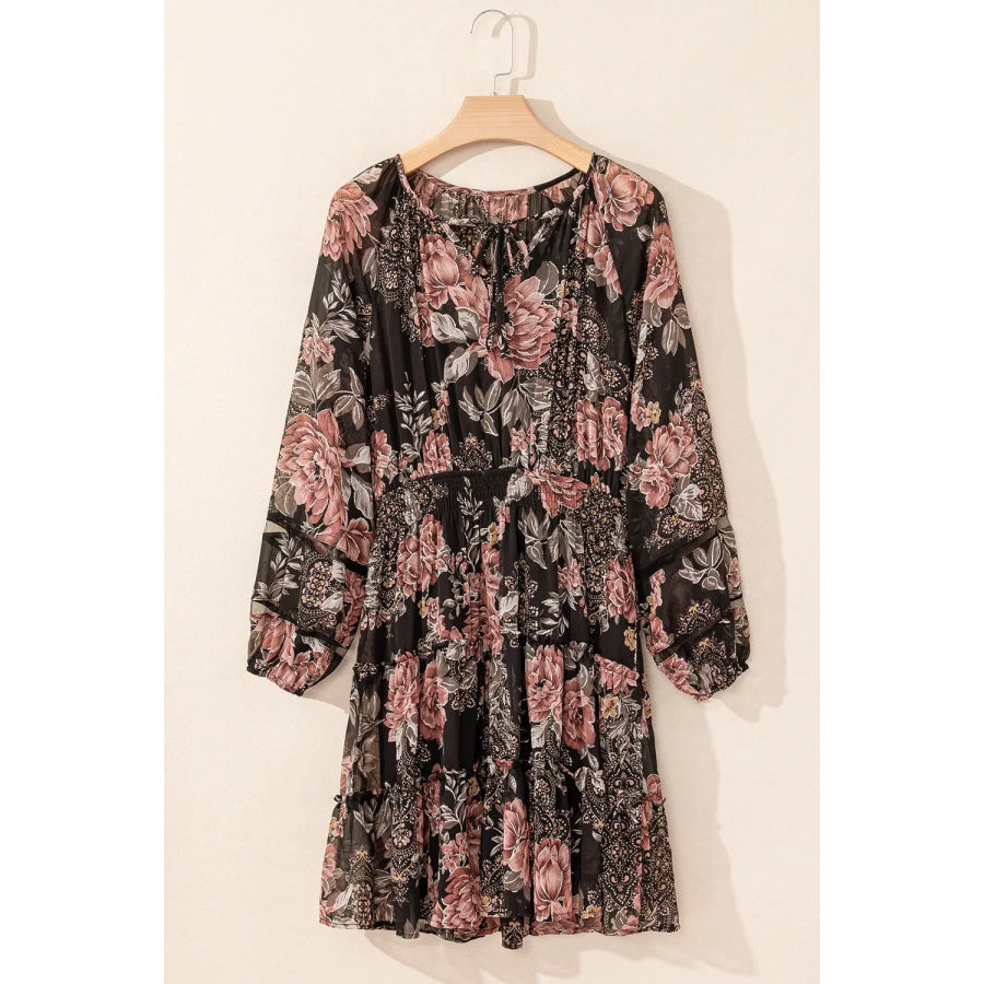 Floral Print Tie Neck Mini Dress Apparel and Accessories