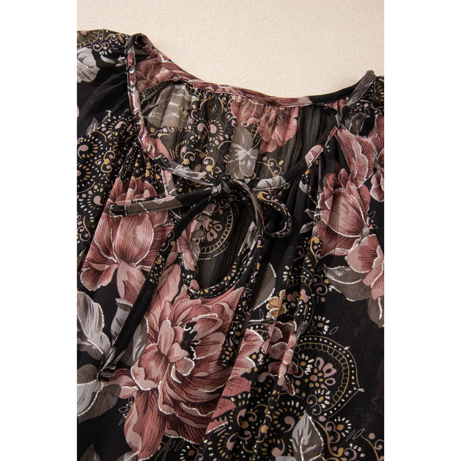 Floral Print Tie Neck Mini Dress Apparel and Accessories
