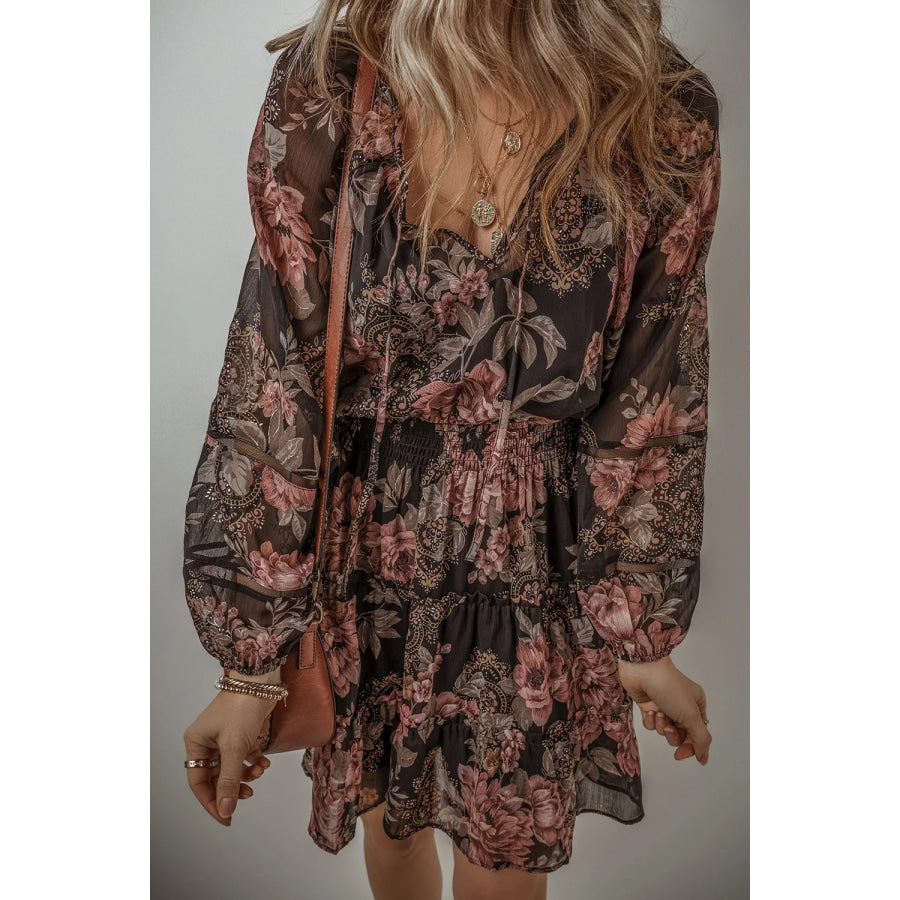 Floral Print Tie Neck Mini Dress Apparel and Accessories