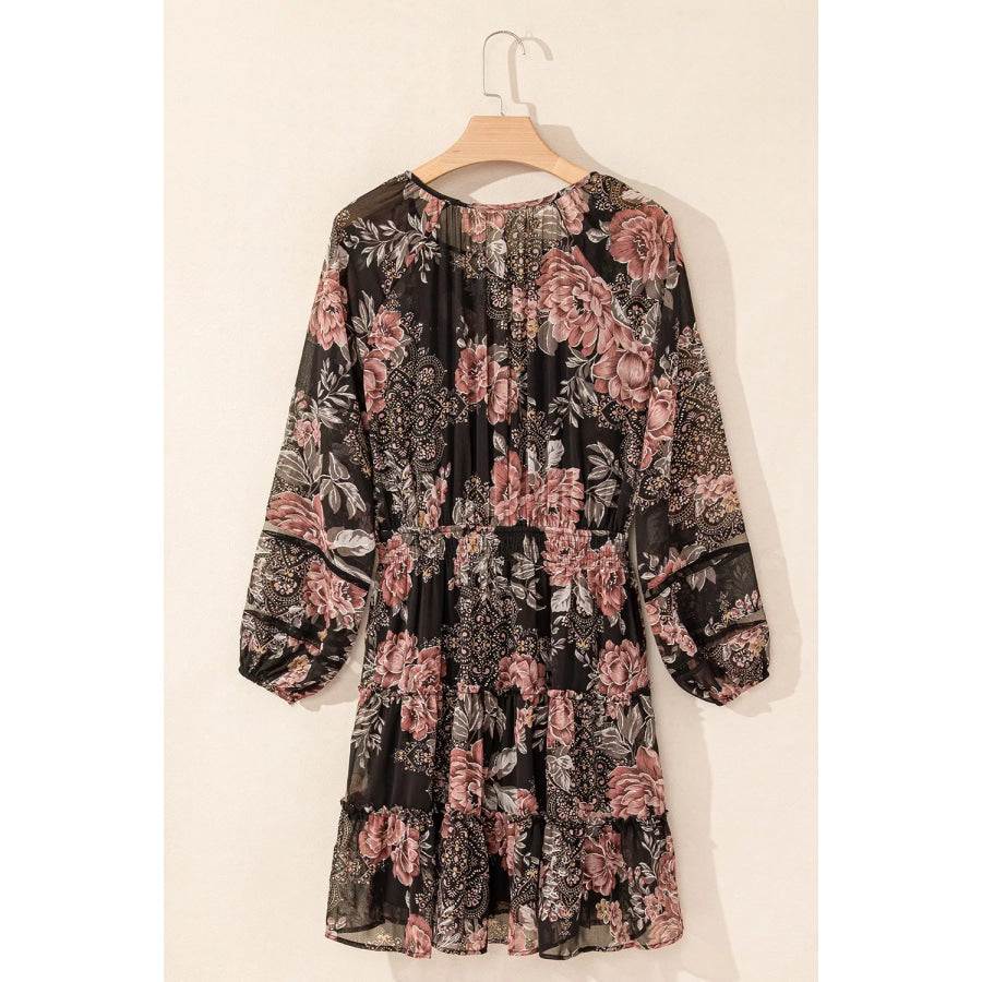 Floral Print Tie Neck Mini Dress Apparel and Accessories