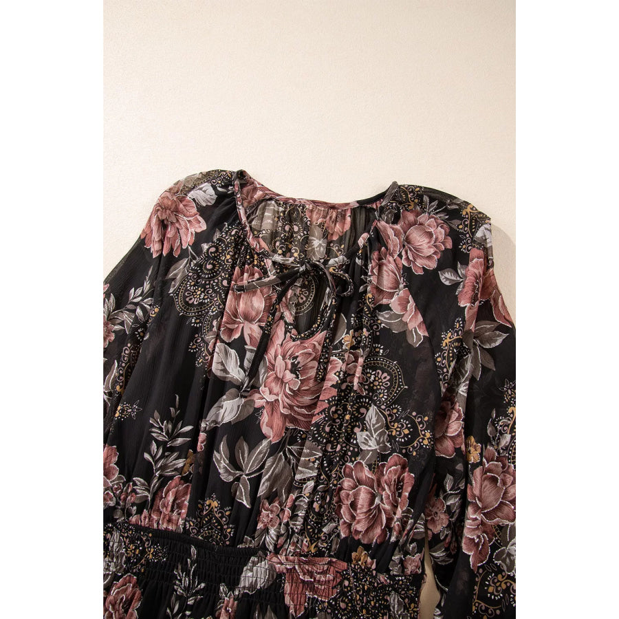Floral Print Tie Neck Mini Dress Apparel and Accessories