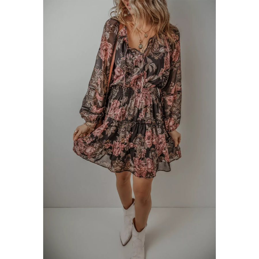 Floral Print Tie Neck Mini Dress Floral / S Apparel and Accessories