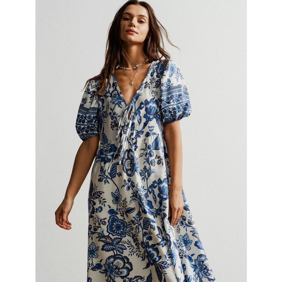 Floral Print Tie-Neck Puff Sleeve Maxi Dress Apparel and Accessories