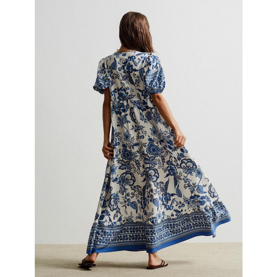 Floral Print Tie-Neck Puff Sleeve Maxi Dress Apparel and Accessories