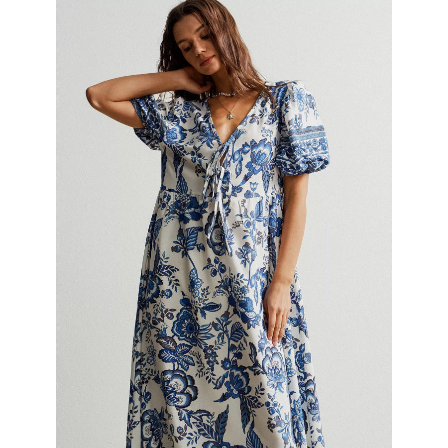 Floral Print Tie-Neck Puff Sleeve Maxi Dress Apparel and Accessories