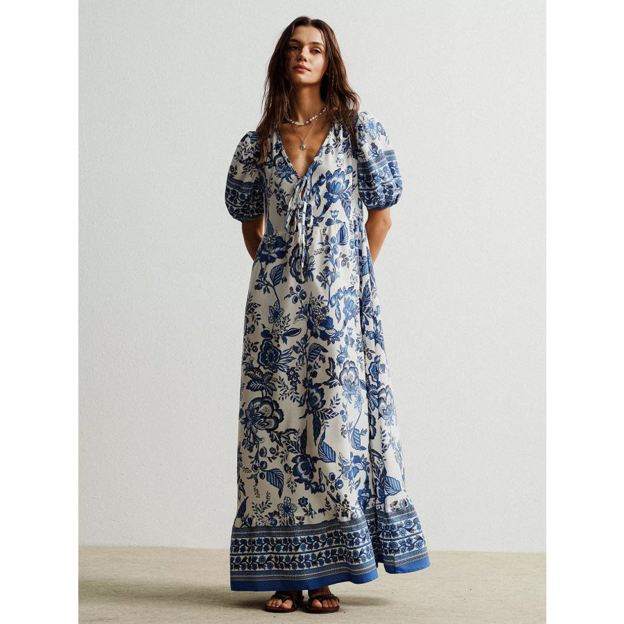 Floral Print Tie-Neck Puff Sleeve Maxi Dress Apparel and Accessories