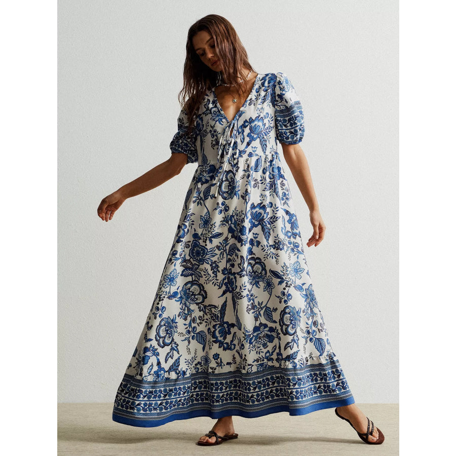 Floral Print Tie-Neck Puff Sleeve Maxi Dress Apparel and Accessories