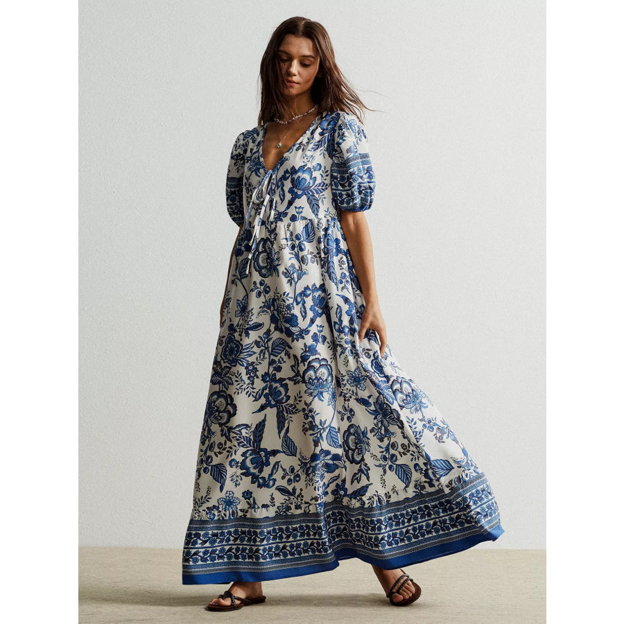 Floral Print Tie-Neck Puff Sleeve Maxi Dress Navy / S Apparel and Accessories