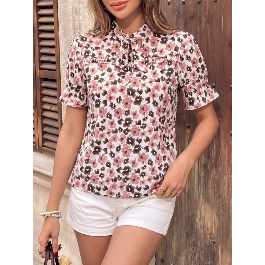 Floral Print Tie Neck Ruffle Blouse Apparel and Accessories