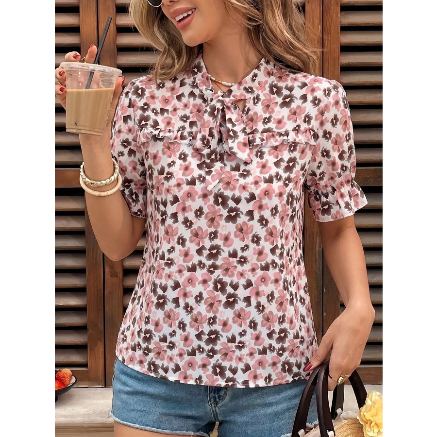 Floral Print Tie Neck Ruffle Blouse Apparel and Accessories