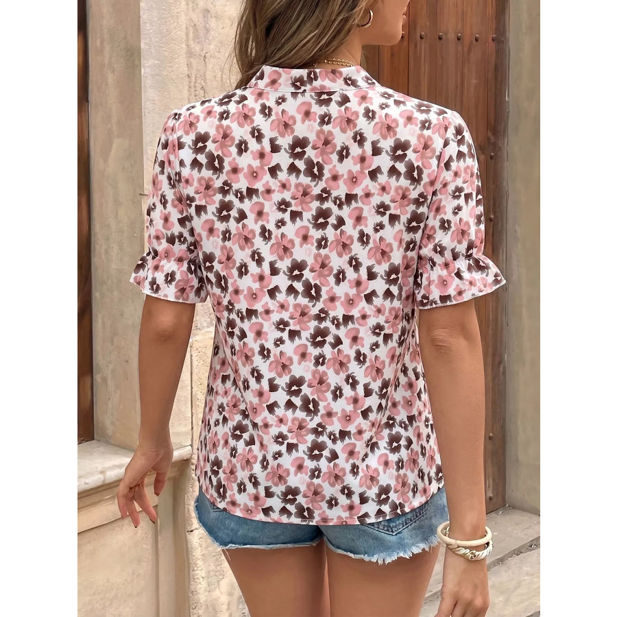 Floral Print Tie Neck Ruffle Blouse Apparel and Accessories