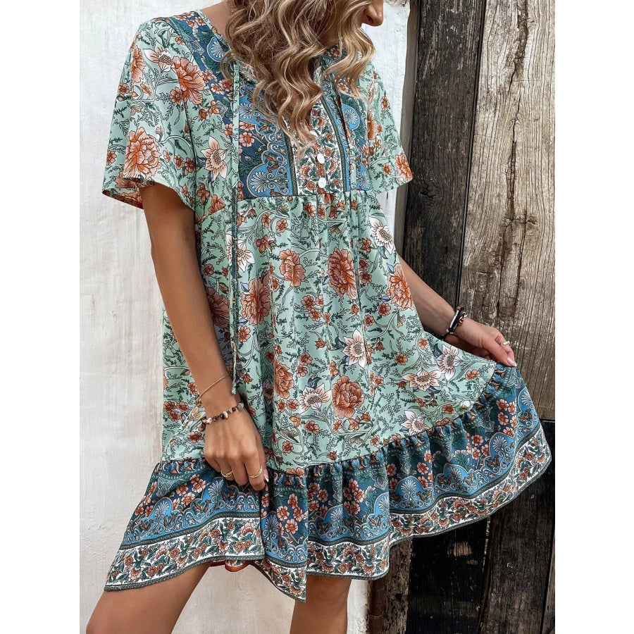Floral Print Tie-Neck Ruffle Hem Mini Dress Apparel and Accessories