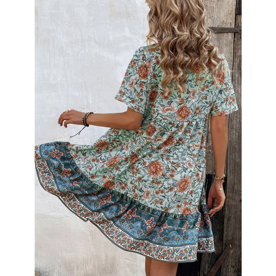 Floral Print Tie-Neck Ruffle Hem Mini Dress Apparel and Accessories