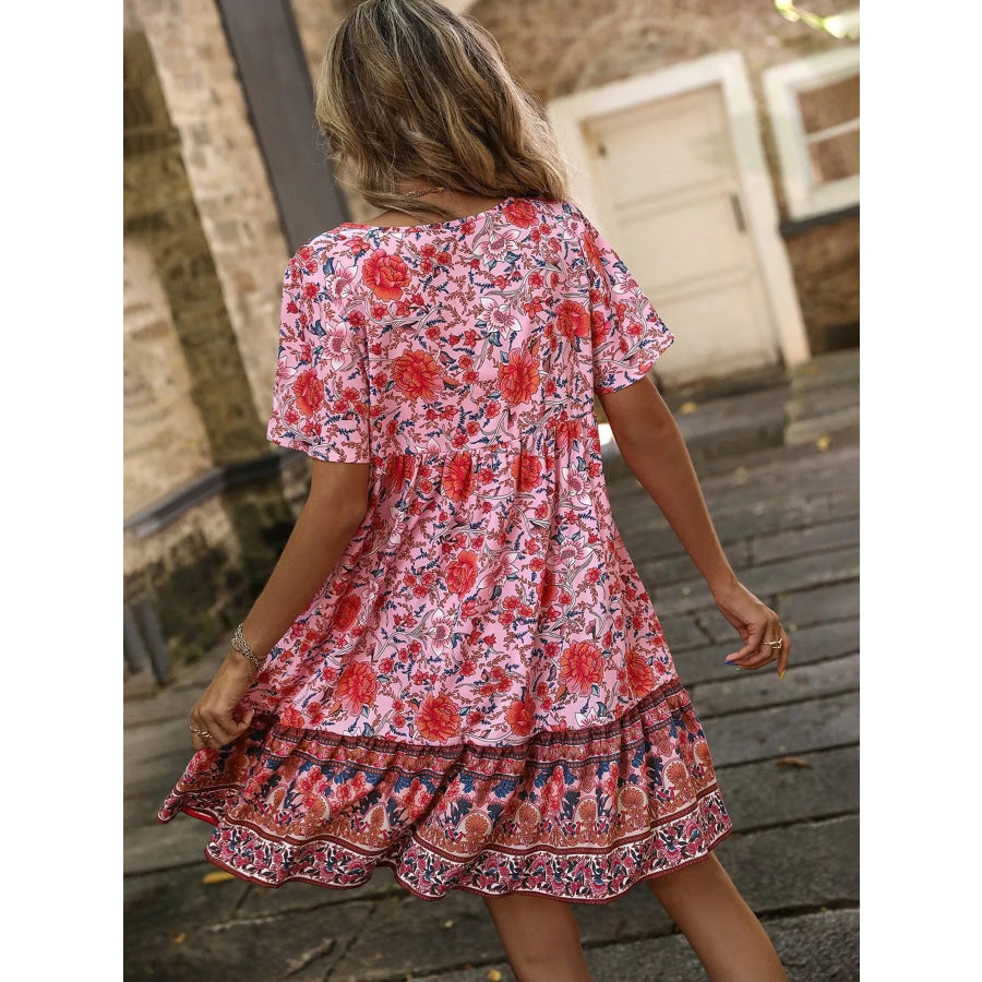Floral Print Tie-Neck Ruffle Hem Mini Dress Apparel and Accessories