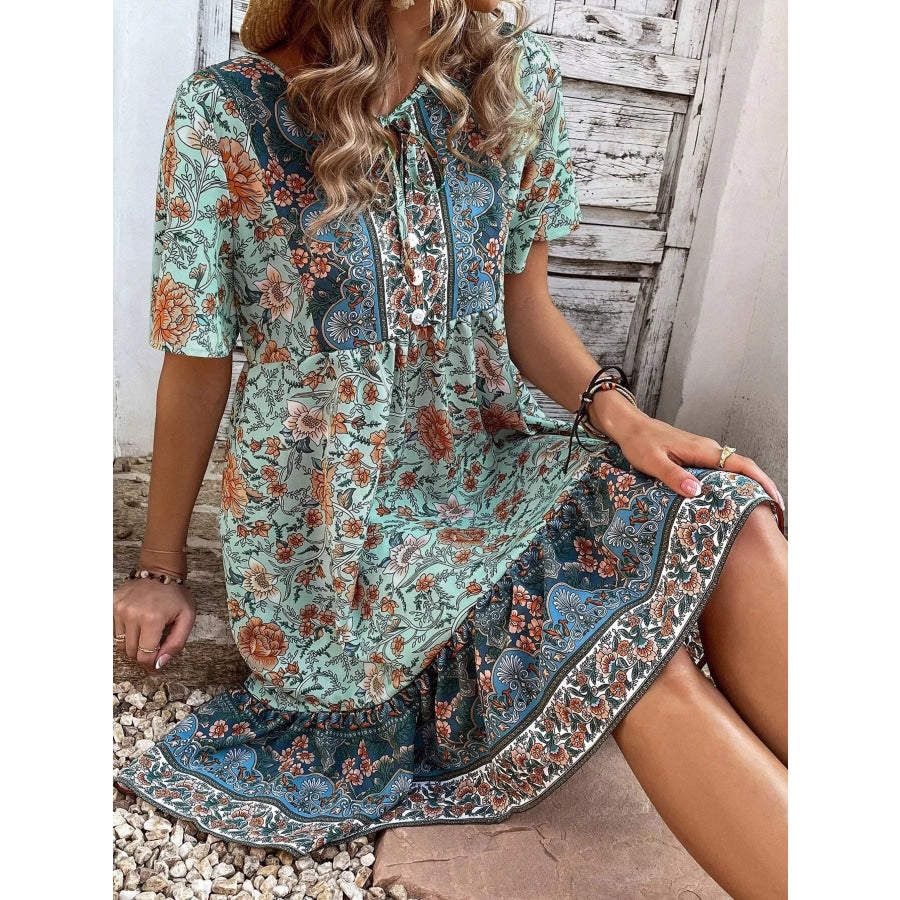 Floral Print Tie-Neck Ruffle Hem Mini Dress Apparel and Accessories