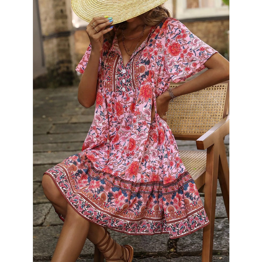 Floral Print Tie-Neck Ruffle Hem Mini Dress Apparel and Accessories