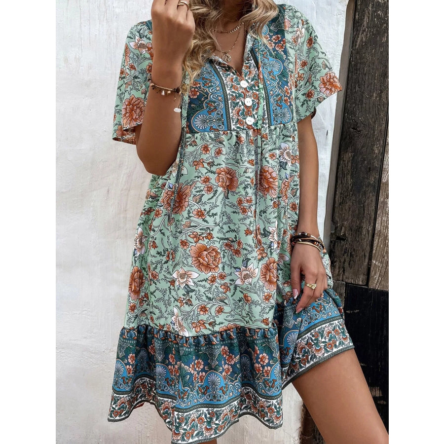 Floral Print Tie-Neck Ruffle Hem Mini Dress Green / S Apparel and Accessories