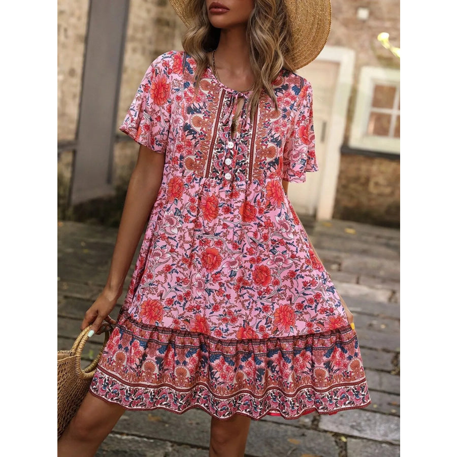 Floral Print Tie-Neck Ruffle Hem Mini Dress Red / S Apparel and Accessories