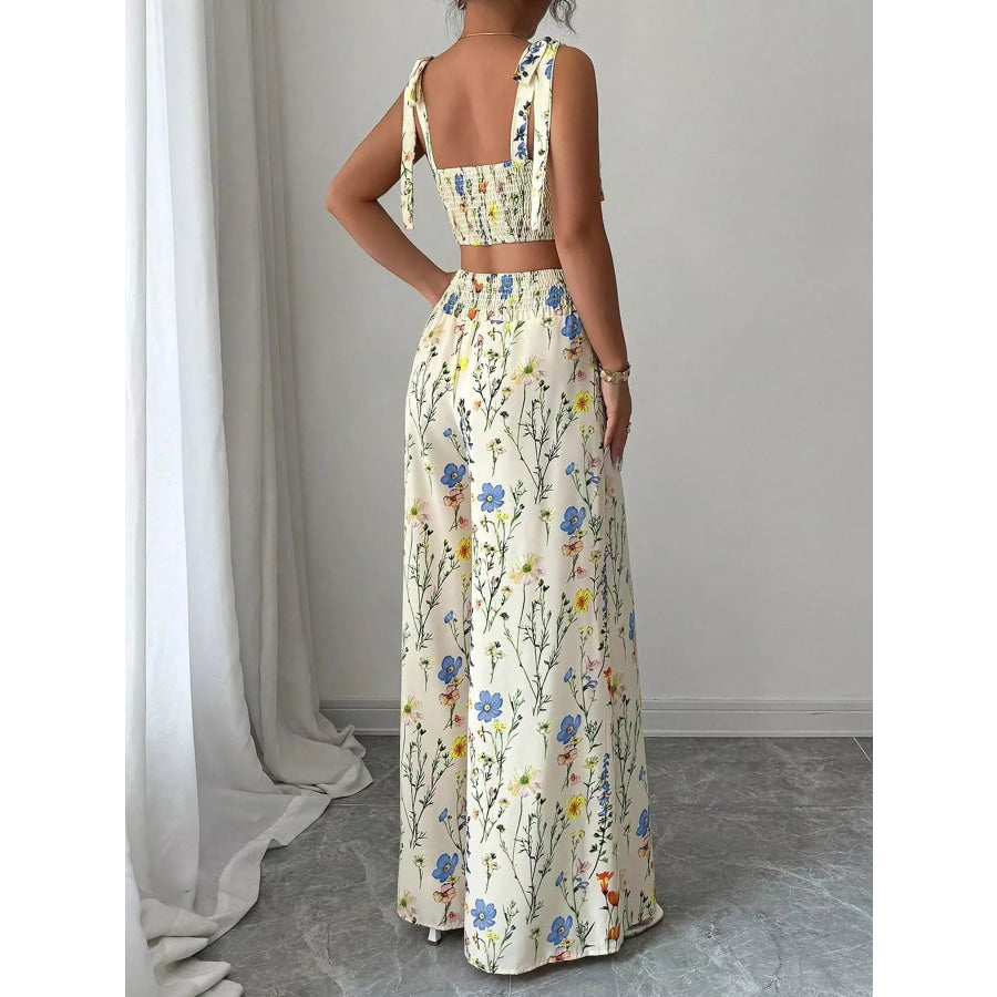 Floral Print Tie-Shoulder Crop Top & Wide Leg Pants Set Floral / S Apparel and Accessories