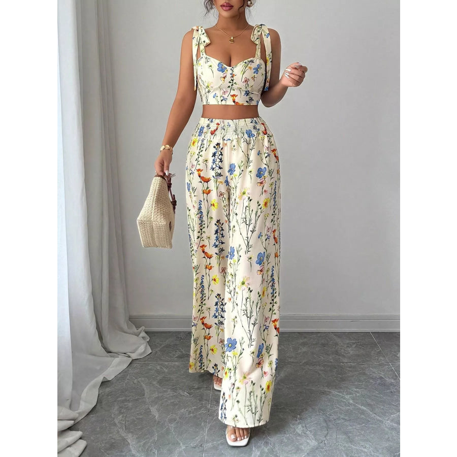 Floral Print Tie-Shoulder Crop Top & Wide Leg Pants Set Apparel and Accessories