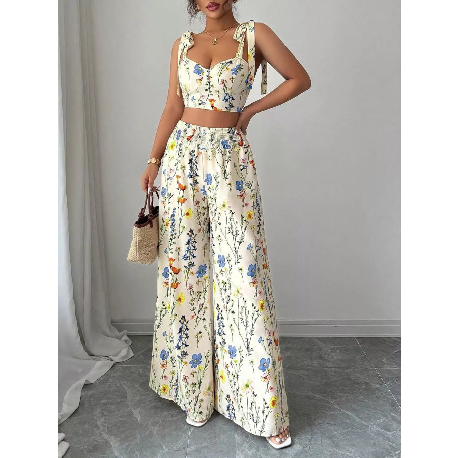 Floral Print Tie-Shoulder Crop Top & Wide Leg Pants Set Floral / S Apparel and Accessories