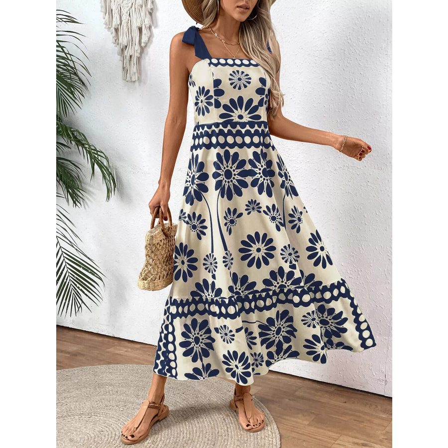 Floral Print Tie-Shoulder Midi Dress Apparel and Accessories