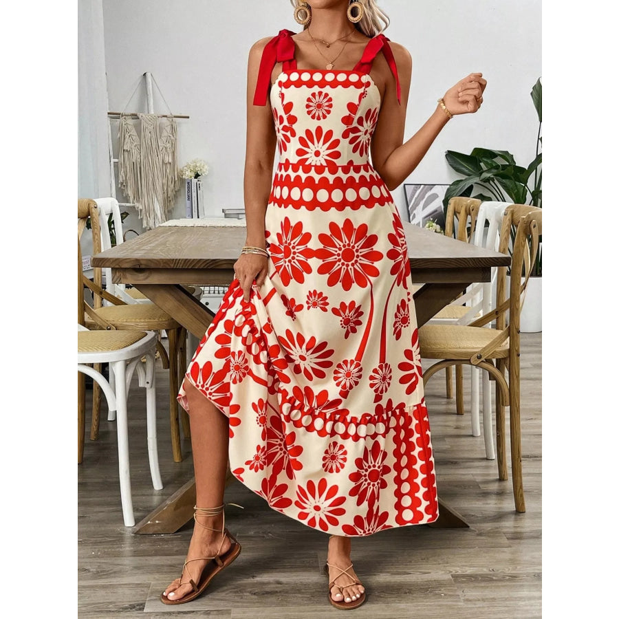 Floral Print Tie-Shoulder Midi Dress Apparel and Accessories