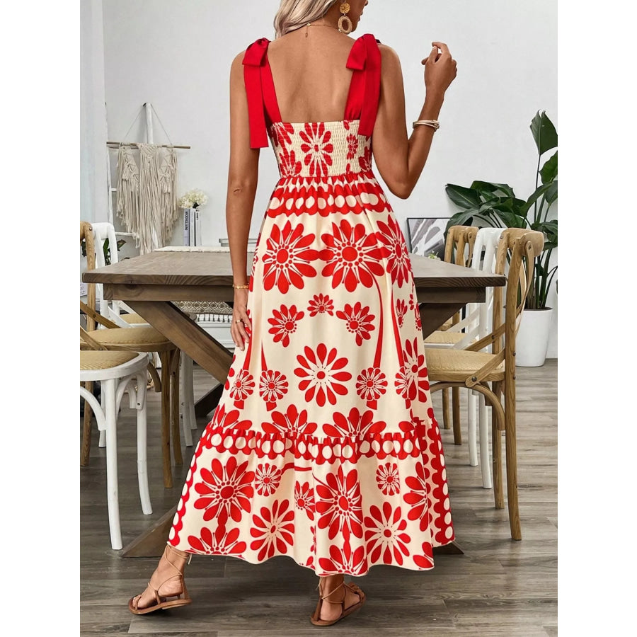 Floral Print Tie-Shoulder Midi Dress Red / S Apparel and Accessories